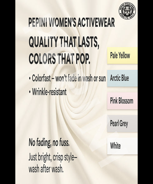 Advertisement for Pepini women's activewear with color options displayed.